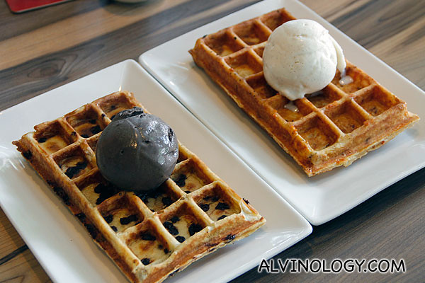 CT's Original Plain Waffles ($10+) with Dark Chocolate Ice Cream (additional $5+) and CT's Original Filled Waffles with Bacon & Cheese ($10+)