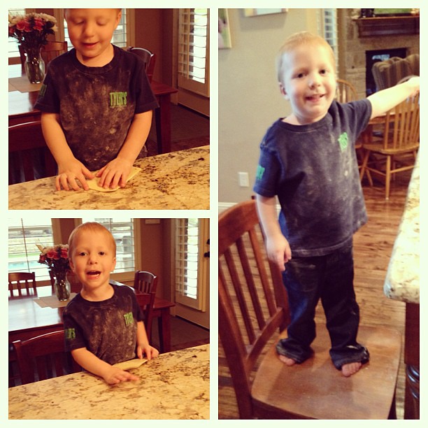 Helping make pizza. Covered in flour. Why do I even dress him somedays???