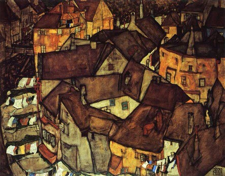 "Krumau Town crescent I" (1915) oil on canvas. by Egon Schiele