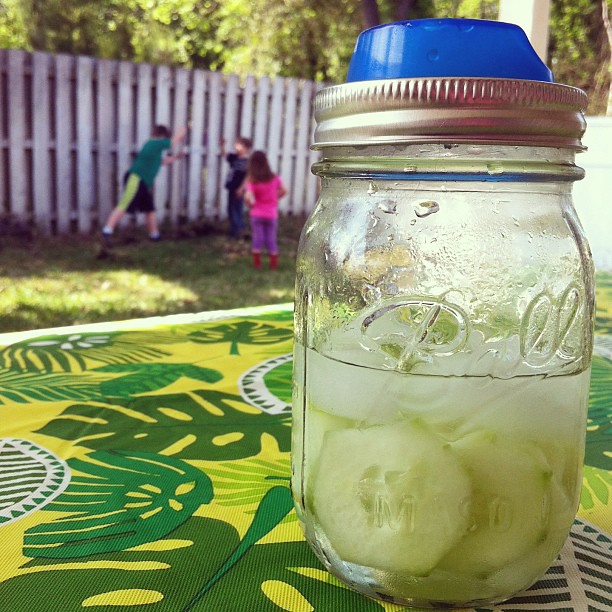 Mason jar sippy cup {thanks to #Cuppow} filled with fresh cucumber water, kids helping prep our garden, a beautiful sunshiney day. #lovelookslikethistoday #capturethejoy