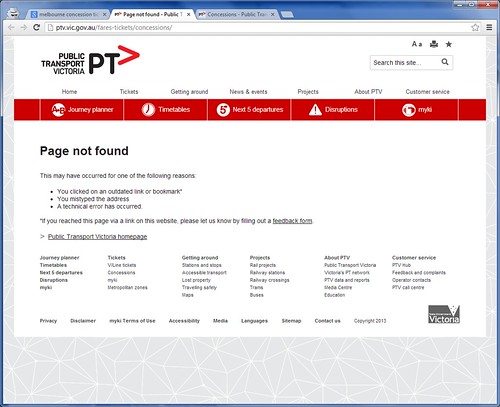 'Page not found' error for an old URL on the PTV website