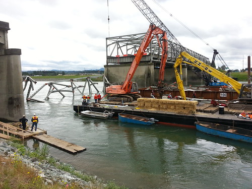 Another view of the barge at the Skagit River Bridge by WSDOT