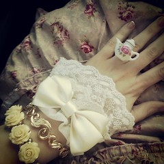 My #accessories today - #wristcuffs, #bracelets, and a #teapot ring. #lolita #lolitafashion #classiclolita