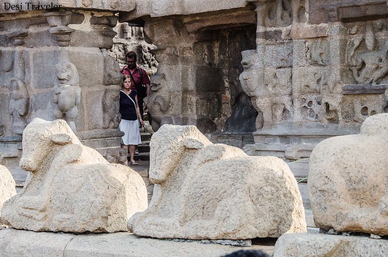 tourists looking at stone sculptures of Shore temple Mahabalipuram