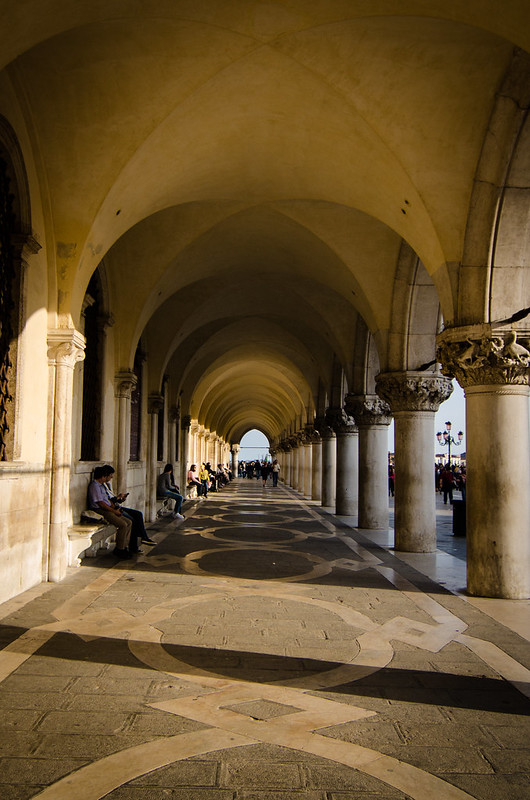 The entrance arcade to the Doge's Palace in Venice, Italy.