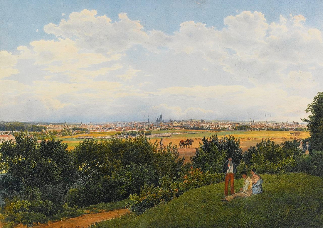 A view of Vienna from the Prater with figures in the foreground by Rudolf von Alt, 1834