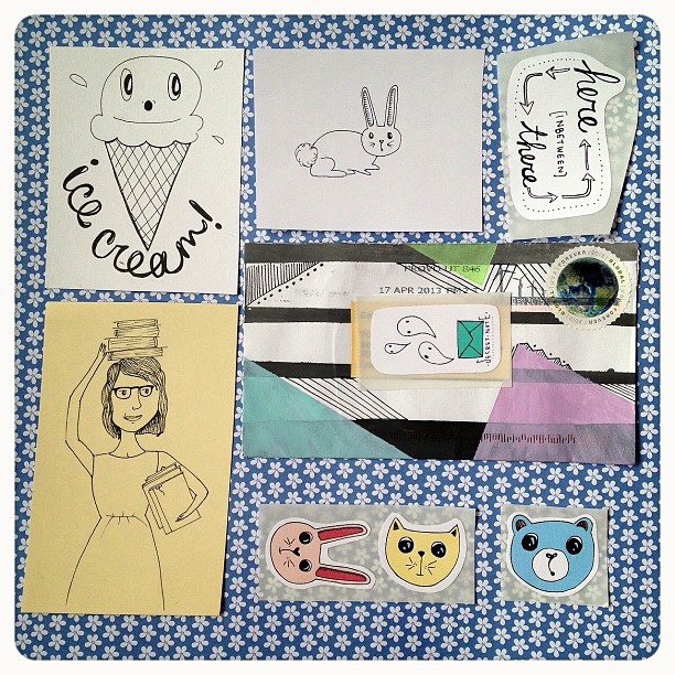 I received an envelope full of doodles today #doodles #stickers #rabbit #icecream #cat #bear #girl #books #envelope #snailmail #sendmoremail