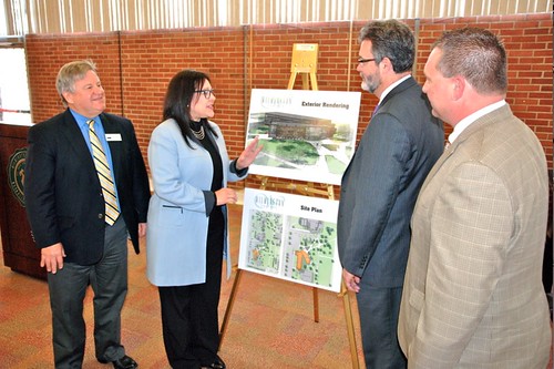 U.S. Dept. of Agriculture Housing and Community Facilities Administrator Tammye Treviño checks out architectural renderings for the renovation and expansion of Wilmington College’s Kettering Hall, recent recipient of a $19.7 million CF loan. Joining her from left to right: Ohio Rural Development State Director Tony Logan, Wilmington College President Jim Reynolds, and Ohio Rural Development Community Programs Specialist Ashley Kelly. (Photo courtesy of Randall Sarvis, Wilmington College director of Public Relations.)