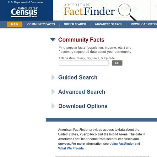 Screen shot of American Fact Finder homepage shows many options for finding informaiton.