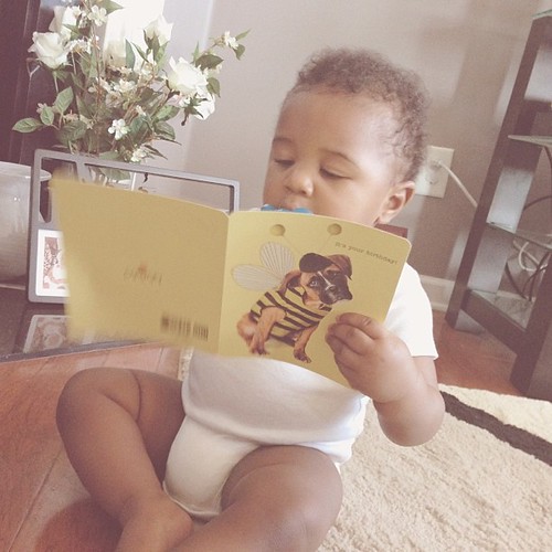 Reading his Bee Day card from mommy!  #hickstwinsbeeday #hickstwins