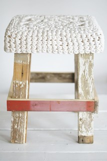 wood & big white wool stool