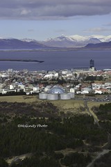 Bird's eye view of the Reykjavik Iceland Opera House overlooking the bay and Mountains