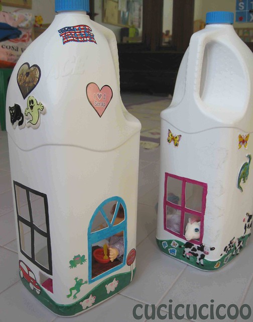 two plastic bleach bottles become doll houses