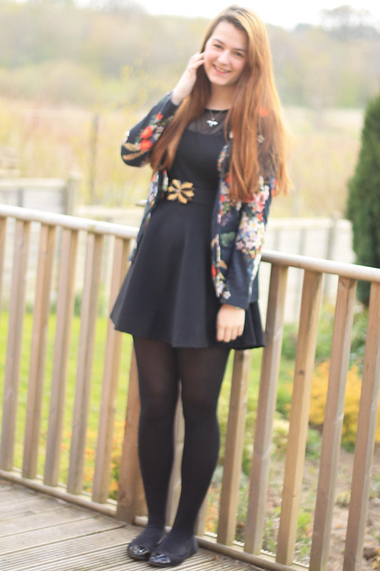 OOTD, outfit of the day, floral jacket, pinafore dress, black tights, flats