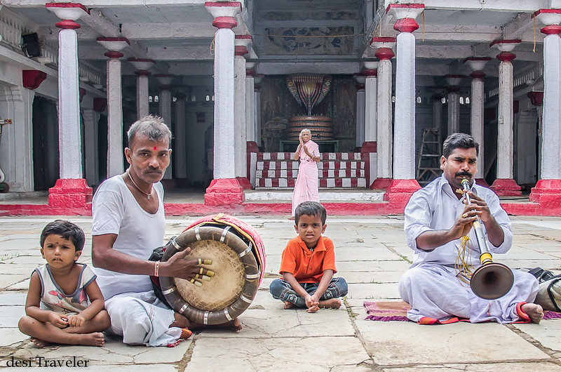 Carnatic musicians playing drum in Sitaram Bagh temple courtyard