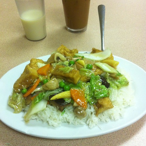 Tofu and mushroom on rice at Double Greeting Wonton House #yegfood by raise my voice