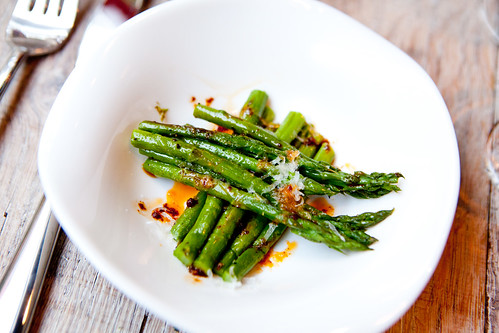 Pencil asparagus, balsamic, red chili oil, grated Manchengo cheese