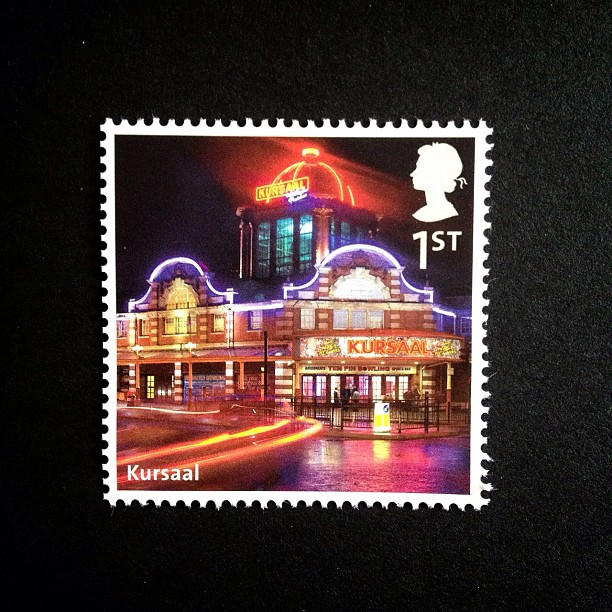 Day 10: Word. I was going to post this on buildings until I noticed a word on it. #word #kursaal #postagestamp #stamp #postalsociety #psjune #building #british #uk #colourful #scavengerhunt #challenge