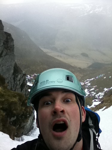 Very bored at the first belay of Central Gully II, Winter Corrie, Glen Clova