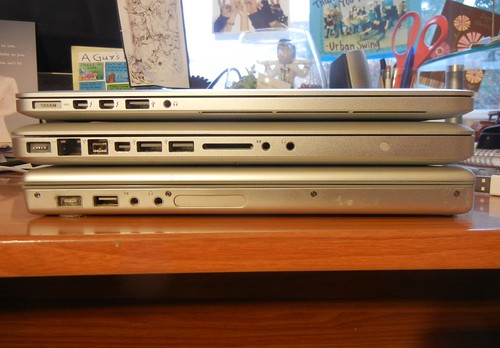 left side of 3 generations of macbook pros