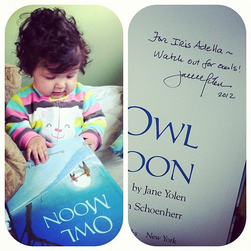 Checking out our autographed copy of Owl Moon