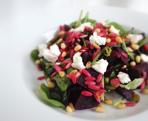 Beetroot and orzo salad with pine nuts and goats curd