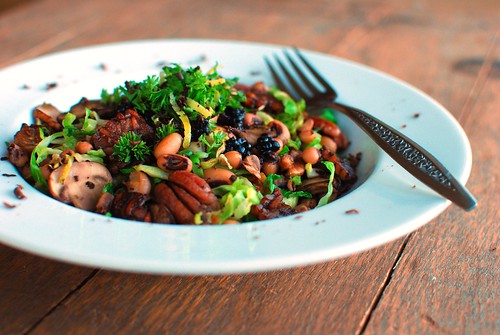 Black Eyed Peas, Mushrooms, and Brussels Sprouts Chiffonade with Chopped Blackberries and Mint Gremolata