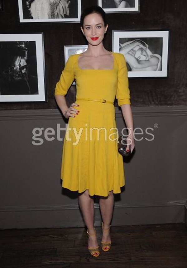 9 - Elie Saab Private Dinner-april-ny-Actress Emily Blunt attends the ELIE SAAB private dinner wearing a yellow cocktail dress with pleat detail from theSS2012