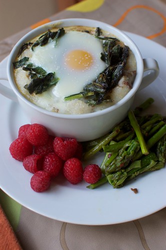 Baked Eggs with Mibuna and Grits