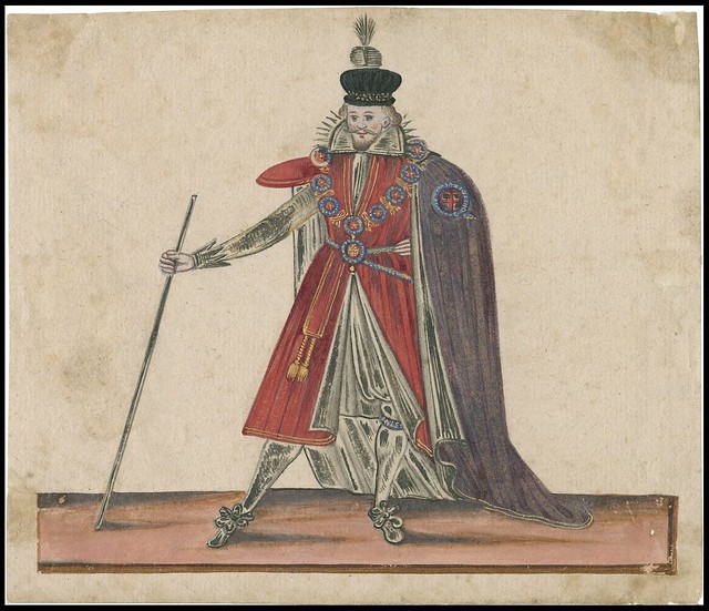 prince or duke posing exaggeratedly in his fineries, stick or sceptre in hand