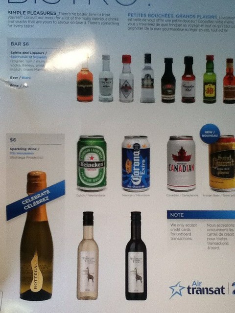 Air Transat drink menu