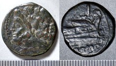 97/28 Luceria L As. Fourth phase. Janus / L; I / Prow / ROMA. Apparent L below head. Paris dâ€™Ailly 3549, 5g55. Incorrectly cited and illustrated as RRC 99/10 but the types were switched in RRC.