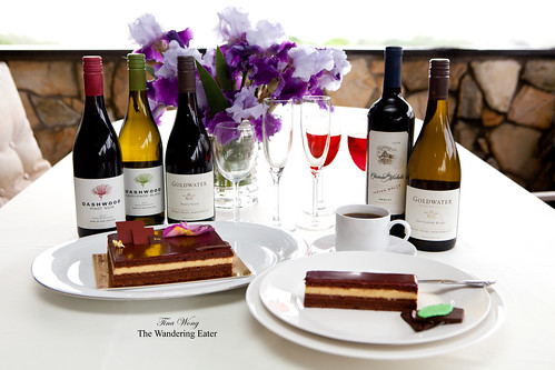 Andalouise cake with assortment of wines at home