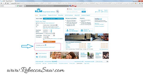 KLM site screenshot - trip planner