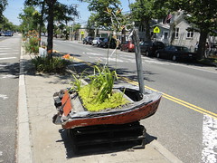 An unconventional planter on the Cross Bay Blvd median