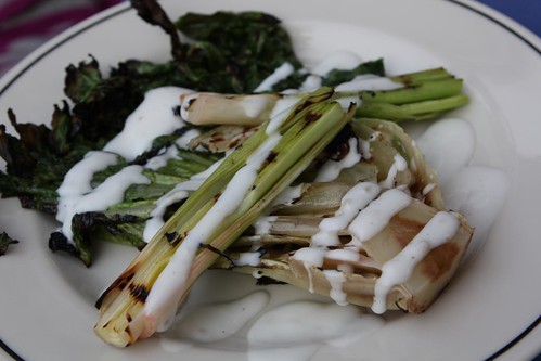 Grilled Romaine an Leeks with Cucumber Cream Dressing