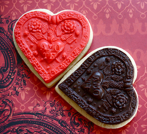 Chocolate and Red Springerle Moulded Heart Cookies