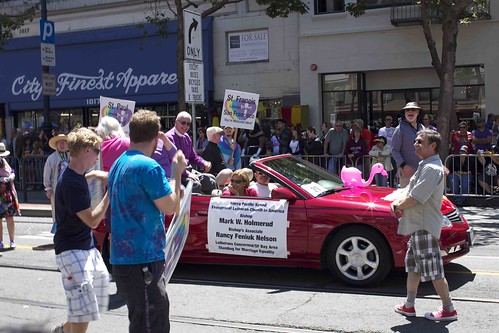 Bishop Mark W. Holmerud and Bishop's Associate Nancy Feniuk Nelson of Evangelical Lutheran &nbsp;Church in America, Lutherans Concerned/SF Bay Area, Standing for Marriage Equality in open car