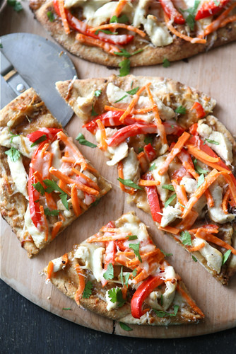 Thai Chicken Naan Pizza Recipe with Peanut Sauce, Red Pepper & Carrots