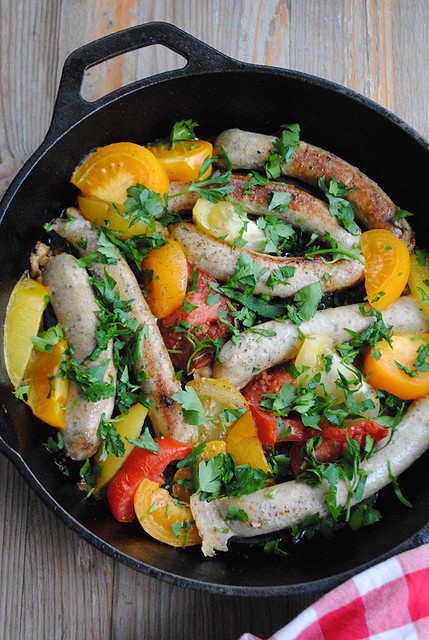 chicken sausages with heirloom tomatoes
