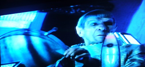 Spock at the helm, wearing a space suit, trying unsuccessfully to save planet Romulus, Alpha Quadrant, fiction, Star Trek film 2009, on TV, Seattle, Washington, USA by Wonderlane