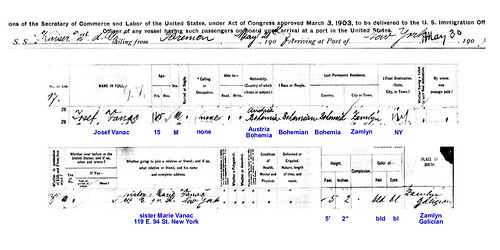 Joseph Vanac ship immigration record, 1907
