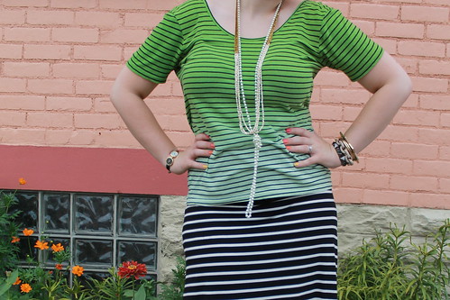 IMG_Black and white striped jersey maxi skirt, striped ombré t-shirt with crisscross back, coral and pearl sandals, knotted pearls, ribbon and bead necklace, pavé cable link bracelet from J.Crew, bangles, etc.5436