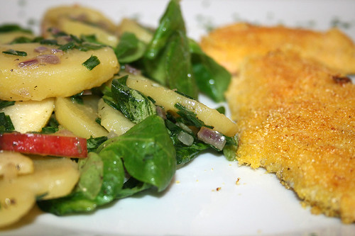 44 - Forellenfilet in Polentakruste mit grünem Kartoffelsalat / Trout fillet coated with polenta & green potato salad - CloseUp