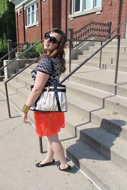 Missoni for Target chevron tee, neon embroidered skirt, black lace ballet flats, gold purse, Prada baroque sunglasses