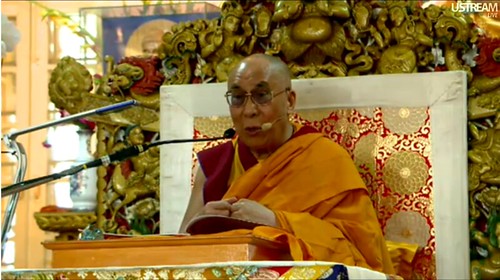 On Bodhicitta, His Holiness the Great 14th Dalai Lama speaking, teaching live over the Internet Introductory Buddhist Teachings, Tibetan Buddhist monk, ornate symbolic throne, Main Tibetan Temple in Dharamsala, India by Wonderlane
