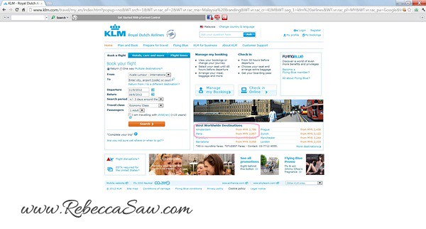KLM site screenshot - Paris and Amsterdam flight price