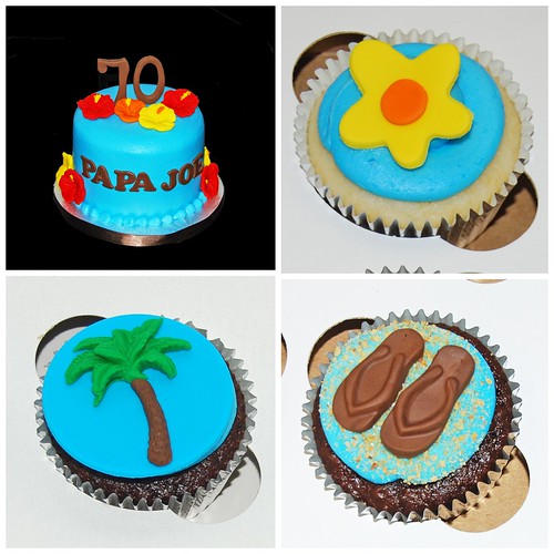 70th birthday Hawaiian themed cupcake tower - topper cake and cupcakes
