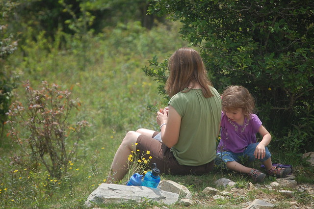 Mother and Daughter take a break on the trail at Grayson Highlands State Park to explore