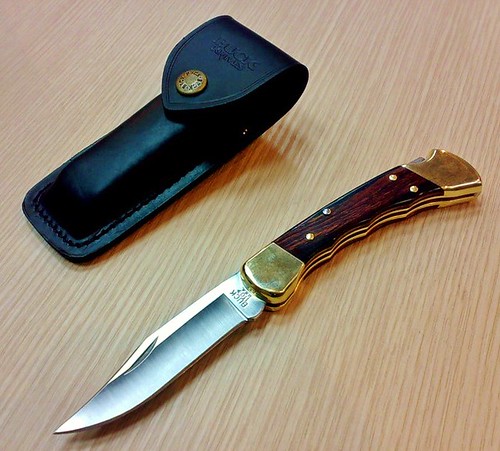 Buck Folding Hunter Finger Grooved 4-7/8" Closed Wood Handle with Leather Sheath